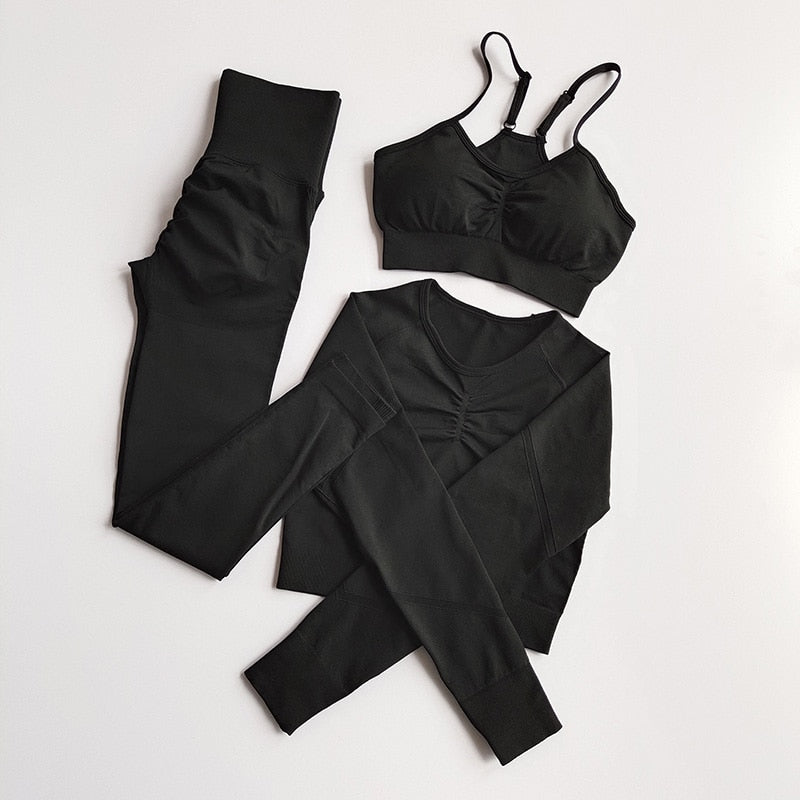 3PC Yoga Set Sport Suit Long Sleeve Crop Top High Waist Leggings Seamless Gym Tracksuit Fitness Workout Clothes Women Sportswear