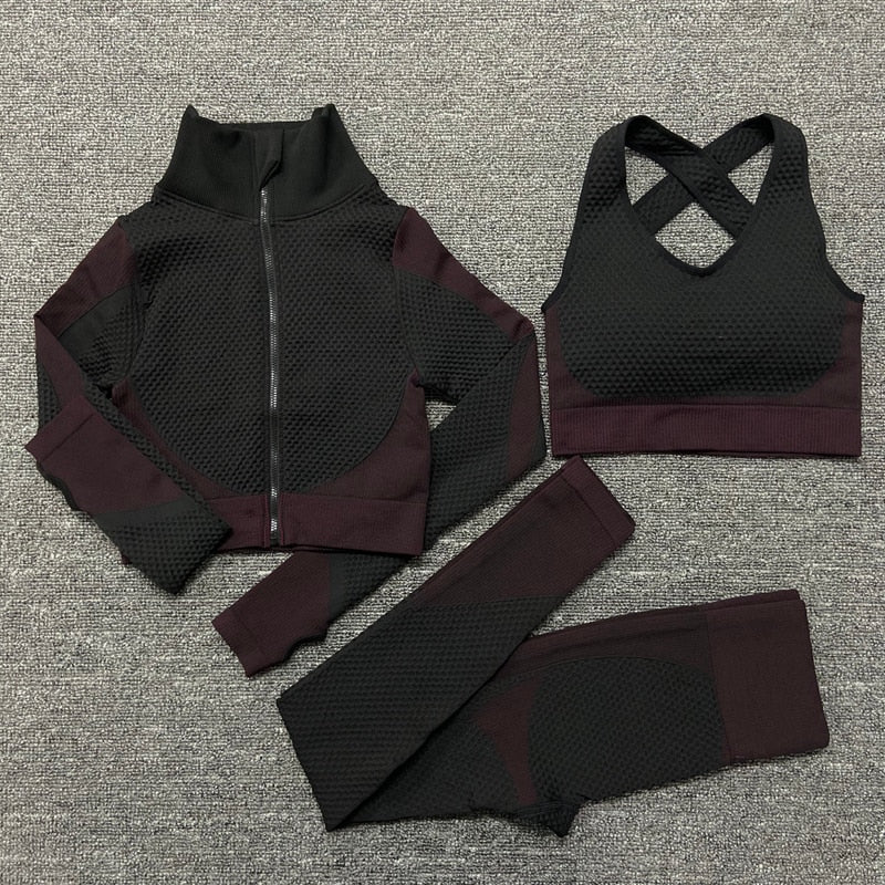 3PCS Seamless Women Yoga Set Workout Sportswear Gym Clothing Fitness Long Sleeve Crop Top High Waist Leggings Sports Suits