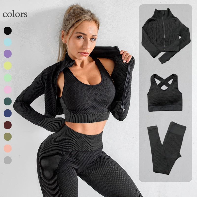 3PCS Seamless Women Yoga Set Workout Sportswear Gym Clothing Fitness Long Sleeve Crop Top High Waist Leggings Sports Suits