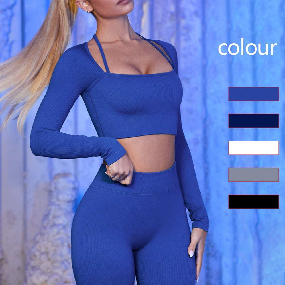 Tracksuit Seamless Yoga Set Workout Sportswear Gym Set Fitness Long Sleeve Crop Top High Waist Leggings Sports Suits