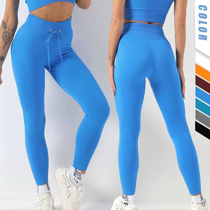 Seamless Yoga Pants High Waist Gym Leggings Women Drawstring Sports Fitness Leggings Tummy Control Running Training Tights