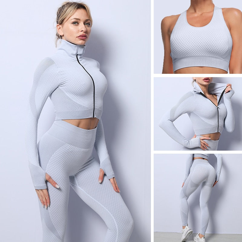 3PCS Seamless Women Yoga Set Workout Sportswear Gym Clothing Fitness Long Sleeve Crop Top High Waist Leggings Sports Suits